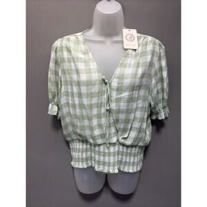 Women’s Blousology White Green Gingham Check Crop Blouse Size Large New
